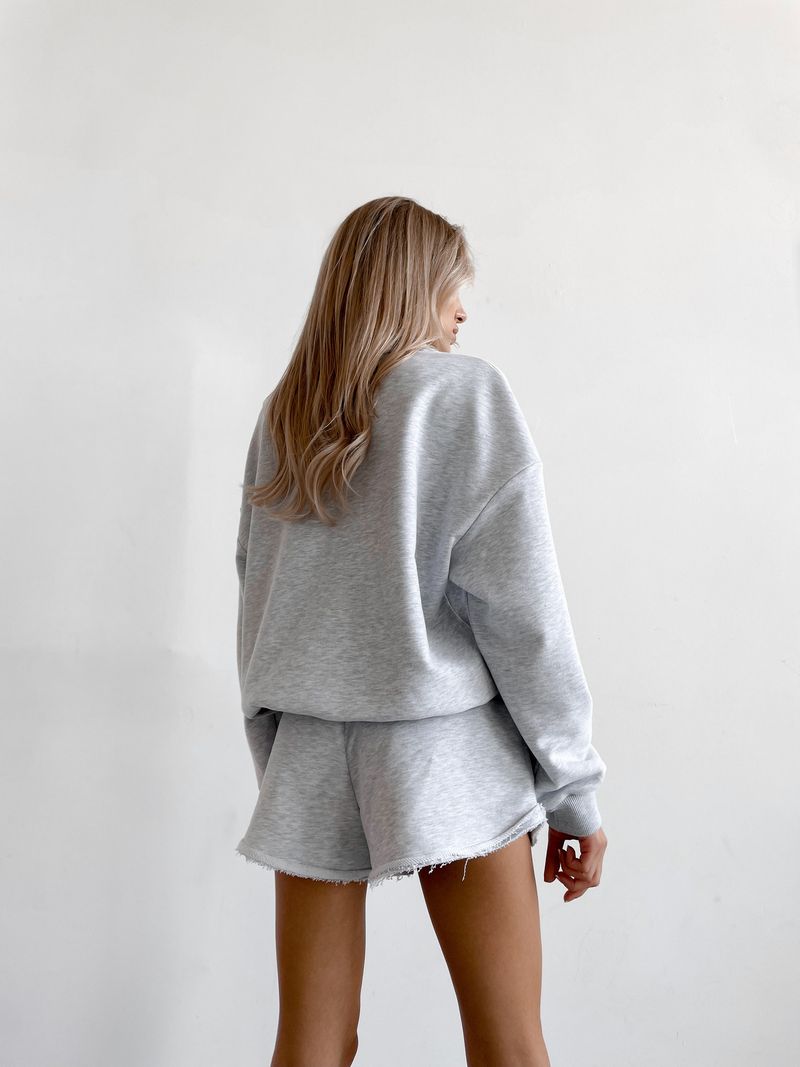 "Urban Streetwear Essentials - Oversized Zip-Up Hoodie & Elastic Waist Shorts Set, Breathable Polyester-Spandex Blend (Light Grey/Pink/White)"_voghion.com