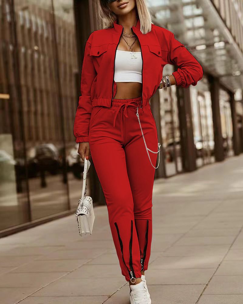 Costum casual pentru femei, cu fermoar, cu mânecă lungă și pantaloni cu șnur._voghion.com