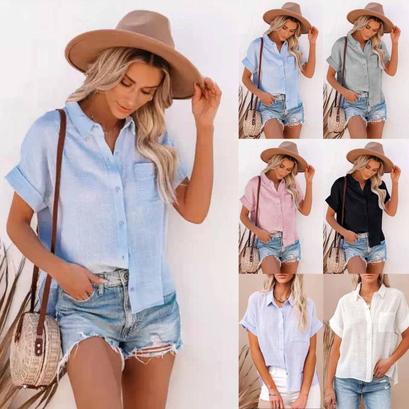 Women's Clothing Hot Cotton And Linen Shirt Short Sleeve Ladies Lapel Button Lining_voghion.com