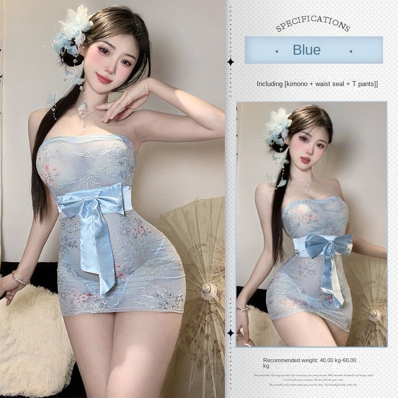 Sex Underwear Pure Desire Printing Perspective Kimono Sexy Tube Top Hip Nightdress Uniform Free Pajama Set_voghion.com