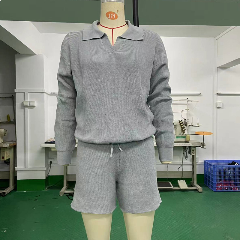 Damenbekleidung Damen V-Ausschnitt Langarmoberteil Kordelzug Weite Beinshorts Damen Freizeitpullover Zweiteiliges Set_voghion.com
