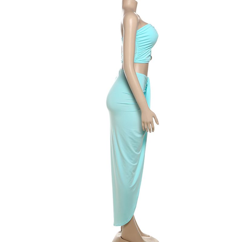 Naisten vaatteet kesällä uusi ontto selkämys putkitoppi korkea vyötärö yksivärinen halkiohamepuku naisille_voghion.com