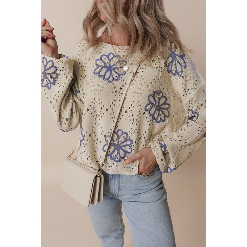 2025 Winter New Floral Print Short Fashionable And Unique Hollow Out Drop Shoulder Knitted Sweater For Women_voghion.com