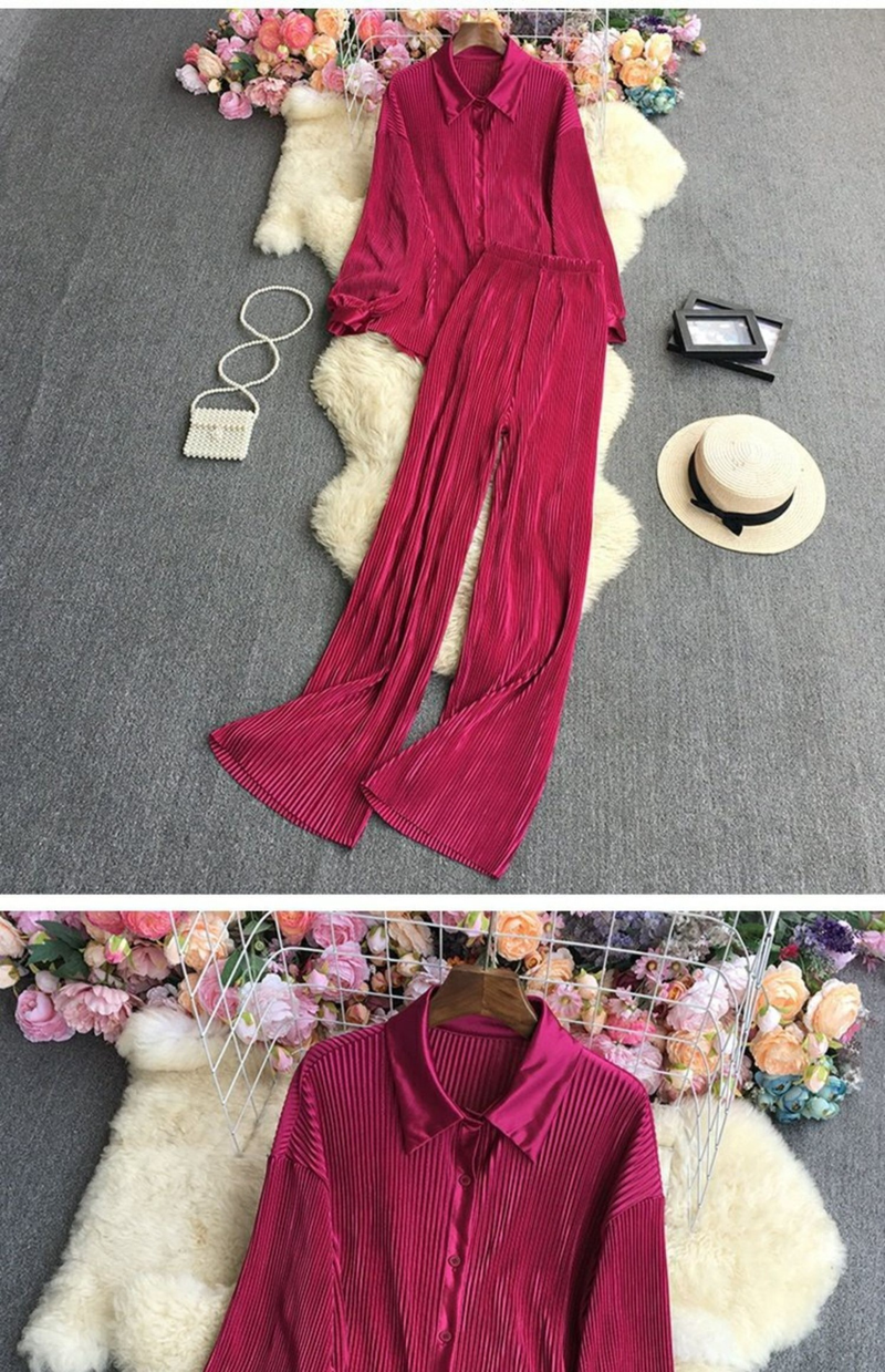 Damen Moud propper Faarf Hemd Zwee-Stéck Set vun Héichtaille Vertikal Vertikal Breetbeenhosen_voghion.com