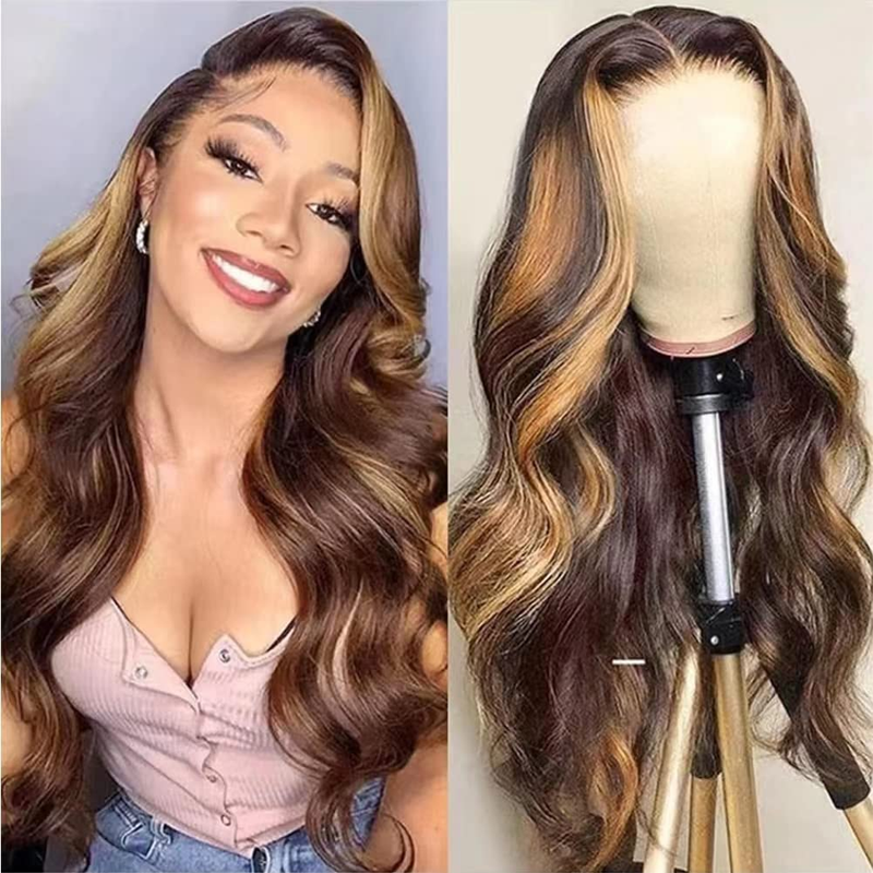 4/27 Ombre Honning Blond Kroppsbølge Hår Parykker 13*4 Blonder Front Menneskehår Parykker 150 % tetthet Gjennomsiktig HD Menneskehår Parykker For Kvinner 18-40 Tommer_voghion.com