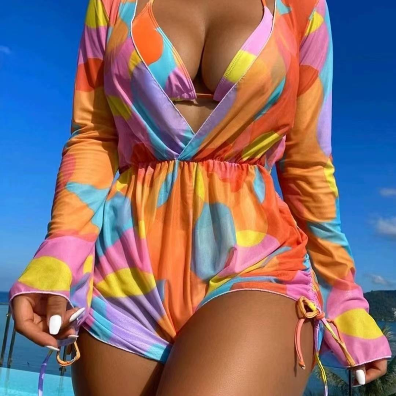 Traje de baño europeo nuevo de tres piezas 2024 Bikini de mujer Bikini de una pieza con manga larga y parte superior de malla_voghion.com