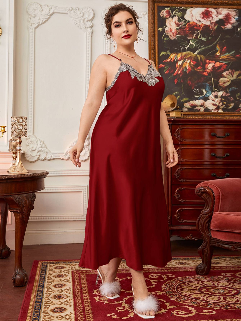 Plus-size pajama slip dress, thin and fashionable lace-trimmed nightgown, long silk-like casual loungewear._voghion.com