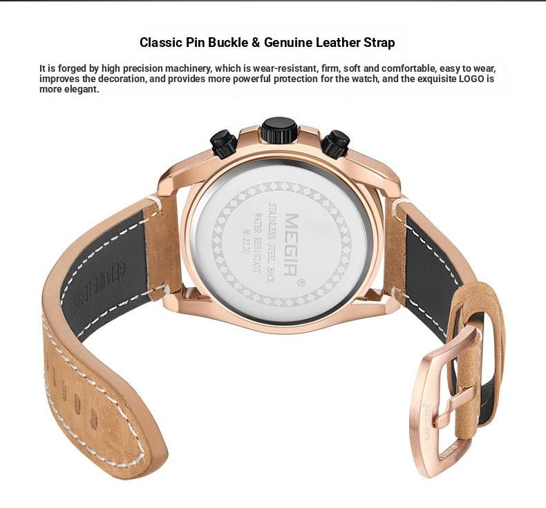 Orologio cronografo sportivo da uomo – Cinturino in vera pelle da 48 mm con lancette luminose e data (movimento al quarzo, resistente all'acqua)_voghion.com