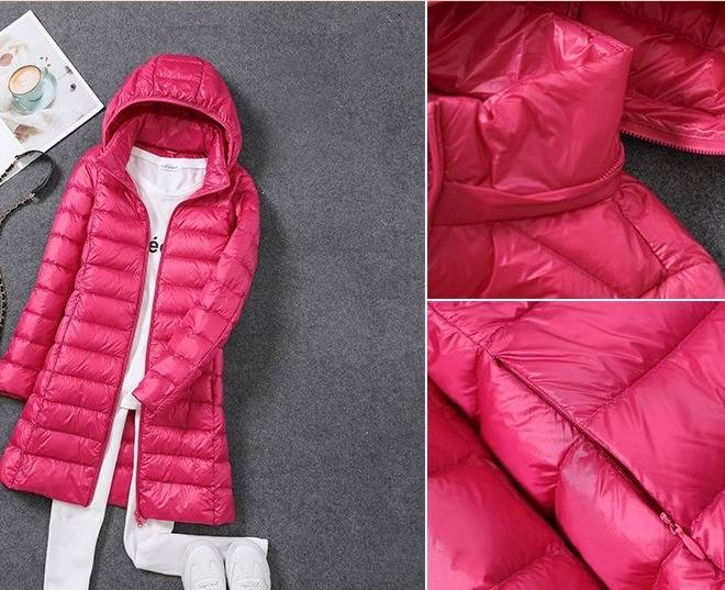 Women's Lightweight Down Jacket - Detachable Hood Mid-Length Coat With White Duck Feather, Slim Fit & Stylish For Everyday Wear_voghion.com