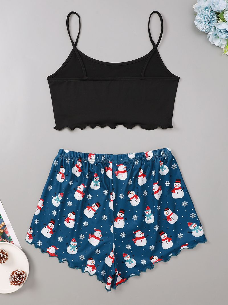 Short Sleeve Christmas Snowflake Print Vest Camisole Top Shorts Homewear Set Women's Casual Four_voghion.com