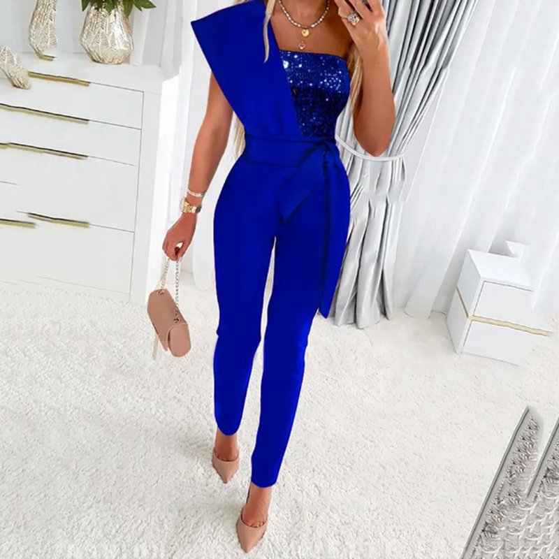 New product solid color sleeveless belt decorated jumpsuit slim fit splicing sequined women's trousers_voghion.com