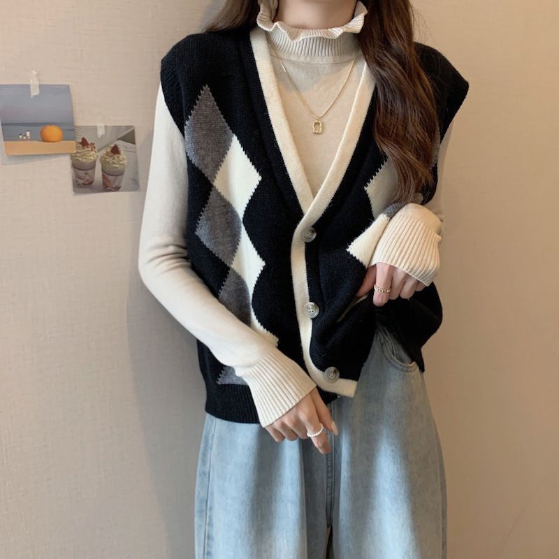 Damenbekleidung Herbst neue lose Damenbekleidung V-Ausschnitt ärmellose Strickjacke Retro Diamant gestrickte Pullover Weste Weste für Frauen_voghion.com