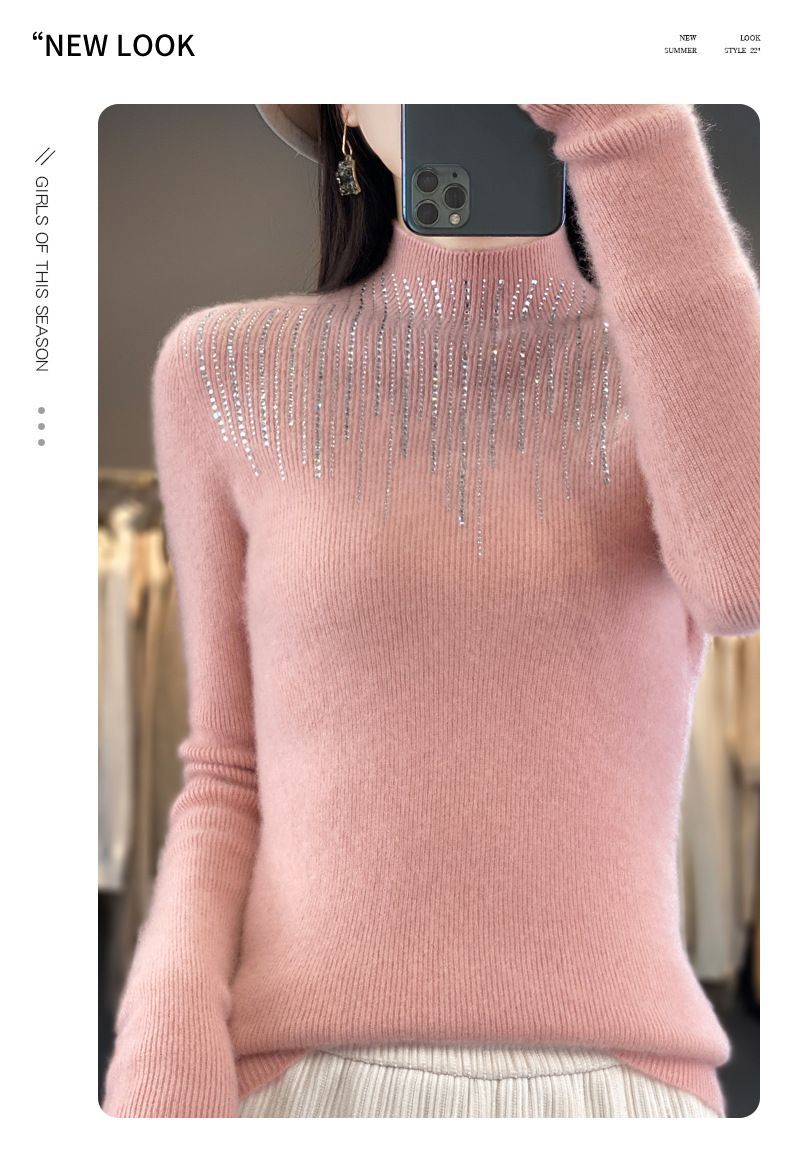 Eleganter Strickpullover Damen Halbrollkragenpullover mit Strassverzierung, Slim Fit, Andy Fleece Stoff, geometrisches Muster_voghion.com