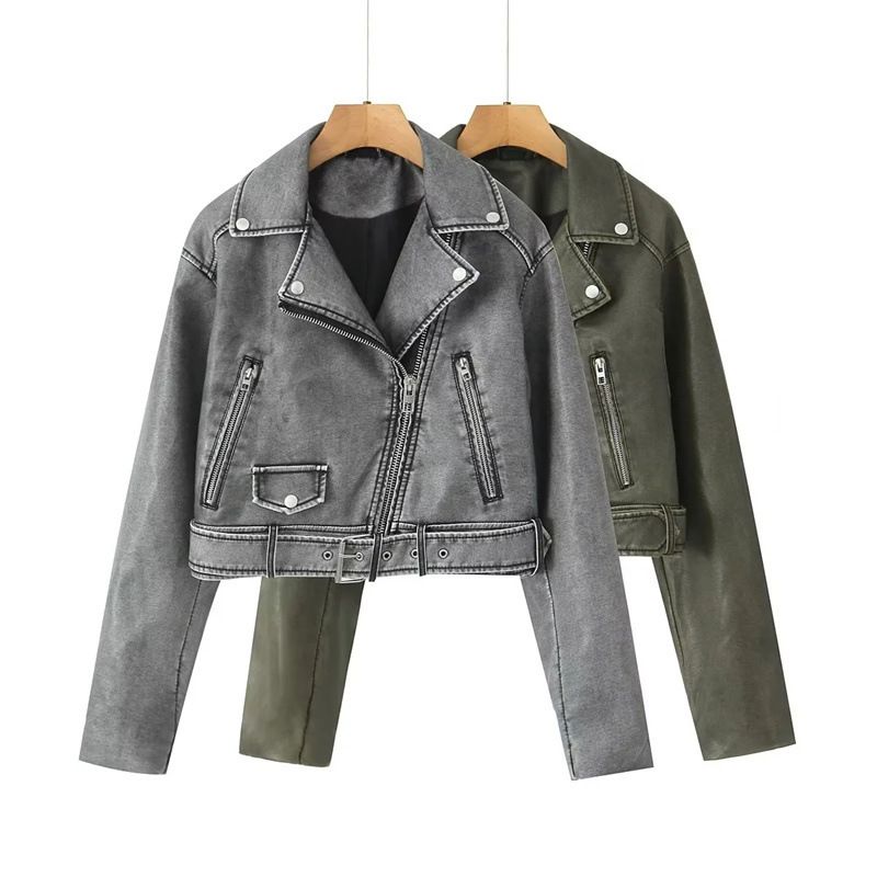 Giacca in similpelle vintage da donna – Cappotto oversize in PU con effetto slavato, stile biker streetwear con cerniera (grigio/verde militare/nero, S-L)_voghion.com