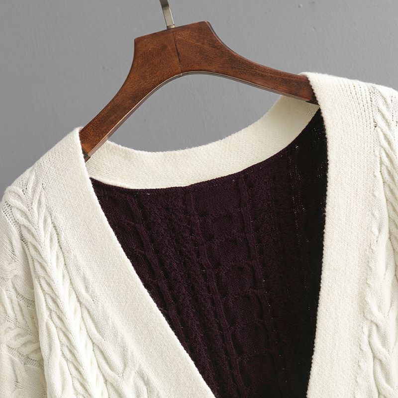 Women's Chunky Knit Cardigan With Color Block & Cable Design - Oversized V-Neck Open Front Sweater For Casual Wear_voghion.com