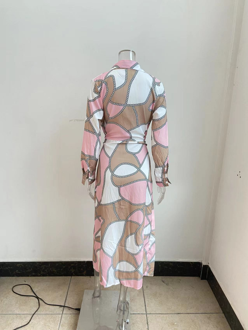 Abito da donna a righe di media lunghezza con stampa alla moda, colletto a camicia, allacciatura_voghion.com