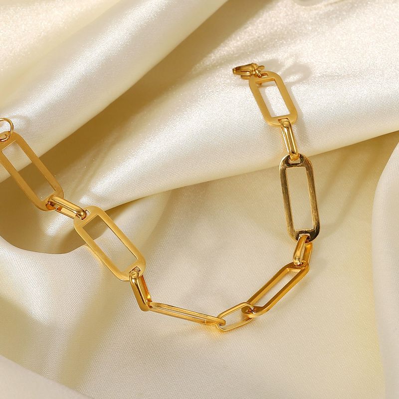 Exquisita pulsera de cadena rectangular de acero inoxidable con baño de PVD dorado y corte manual, joyería para mujer._voghion.com