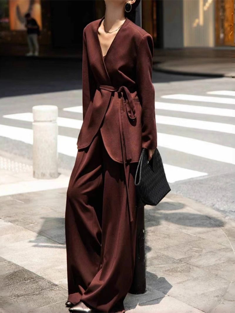 French Old Money Style Women's Autumn Ancora Red High-End Casual Collarless Blazer Wide-Leg Pants Two-Piece Set_voghion.com