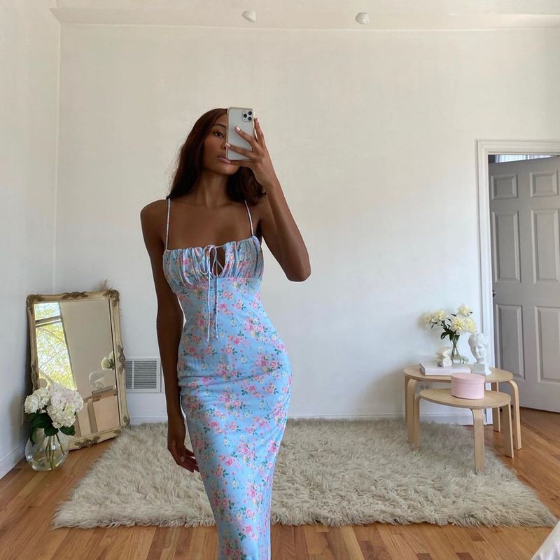 Women's Clothing Floral Pleated Backless Lace Up Suspender Long Skirt Hip Wrapped Fishtail Skirt European Size Is Larger_voghion.com