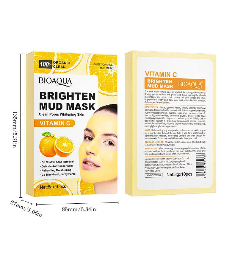 BIOAOUA Masque de boue éclaircissant à la vitamine C 8 g x 10 pièces Masque nettoyant en profondeur pour le contrôle du sébum Masque éclaircissant pour le teint_voghion.com
