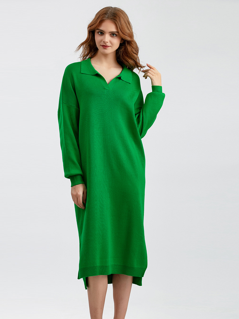 Women's Clothing autumn and winter new Polo collar bottoming knitted dress loose large size solid color ladies dress_voghion.com