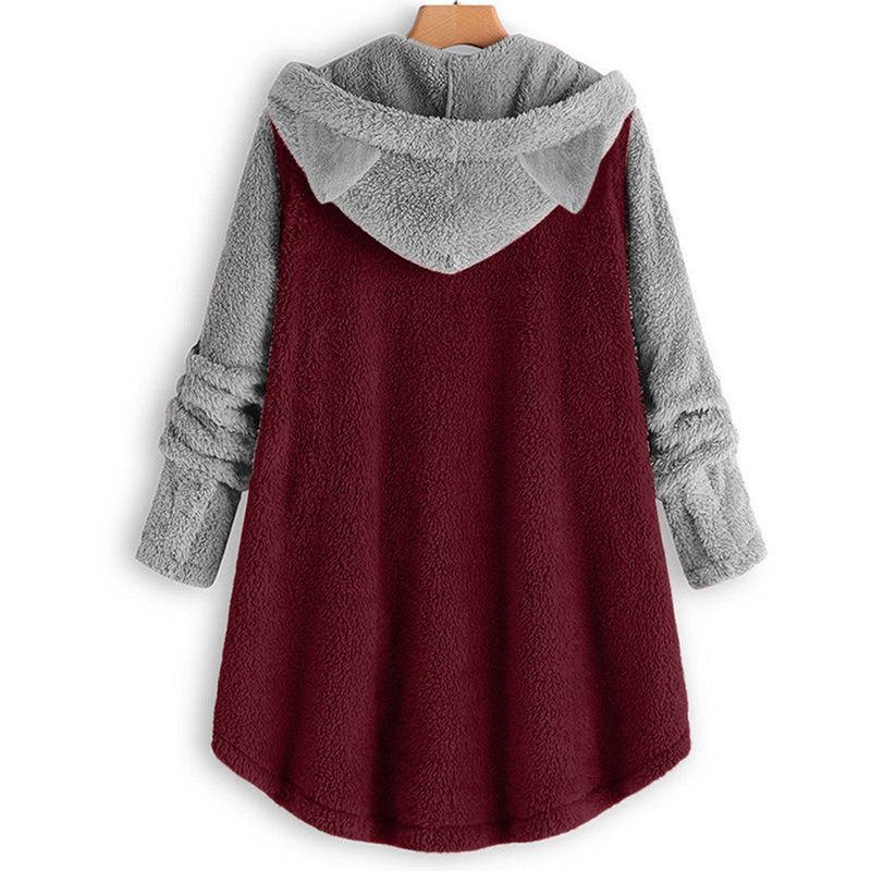 Women's Clothing Autumn And Winter Button Hooded Cat Ear Plush Top Irregular Trendy Brand Color Matching Jacket For Women_voghion.com