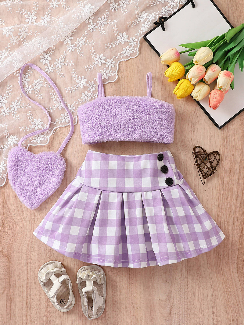 Abbigliamento per bambini Top in pelliccia per bambini di mezza età e piccoli + gonna a pieghe scozzese + abito da ragazza con borsa_voghion.com