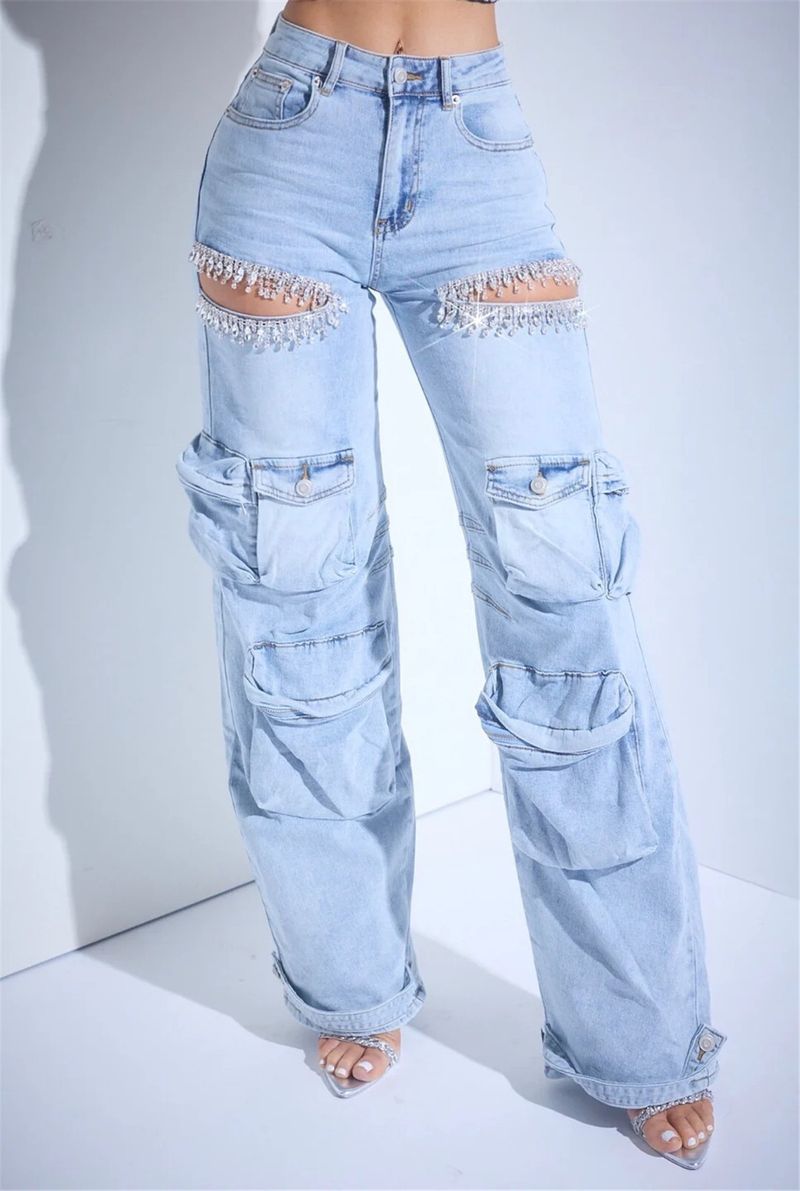 Damenbekleidung Hollow Diamond Overalls Stretch-Jeans mit mehreren Taschen für Damen_voghion.com
