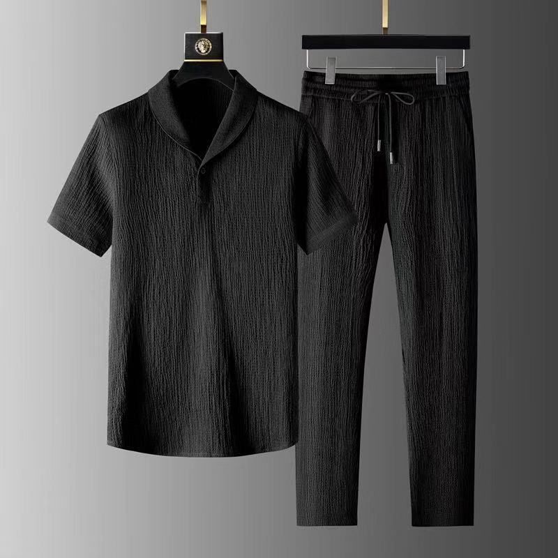 Herre ensfarget fritidsdress tynn eksklusiv motetrend kortermet T-skjorte sportsbukser til alle typer_voghion.com