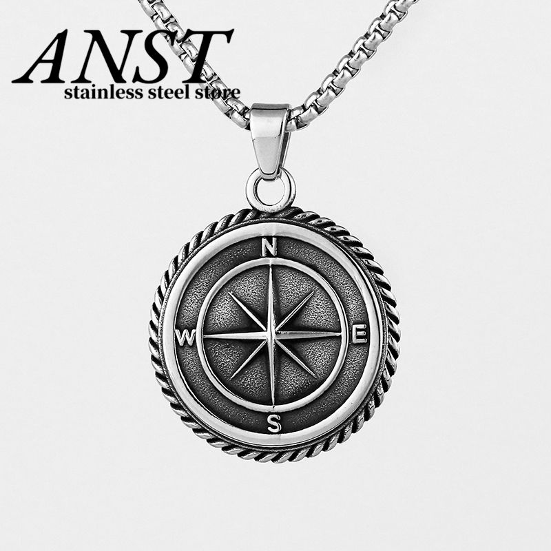 2025 New Arrivals Fashion Layered Necklaces for Men, Sailing Travel Compass Pendant, Stainless Steel Cuban Figaro Wheat Chain, Casual_voghion.com