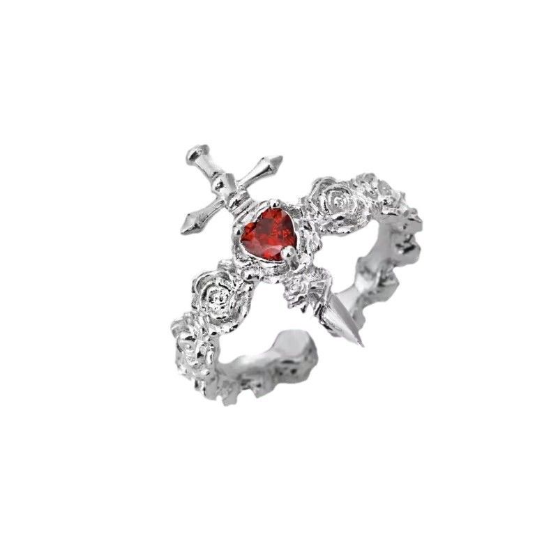 Nuovo anello a nicchia impilabile con croce di diamanti rosso scuro irregolare in stile gotico, molto venduto_voghion.com