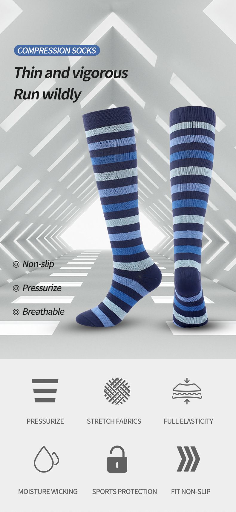 Socks new breathable compression socks, sports and leisure pressure calf socks, color-blocked striped leg socks, factory direct sales_voghion.com