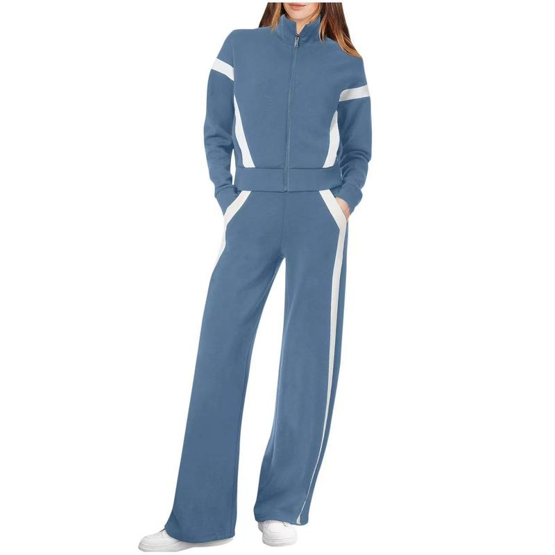 Women's Clothing Stand Up Collar Long Sleeved Stitching Color Matching Casual Sweatshirt Suit_voghion.com