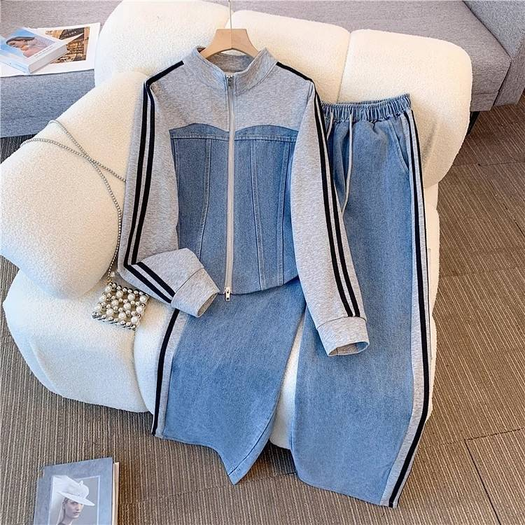 Dametøj Mode lynlås Todelt langærmet jakkesæt til piger Forår og efterår Nye denim splejsningstoppe Bukser med brede ben_voghion.com