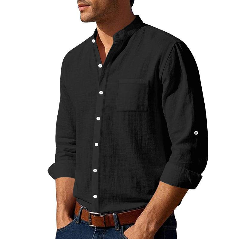 Camicia in lino monopetto a maniche lunghe con colletto alla coreana da uomo, colore puro, moda 2025, S-3XL_voghion.com