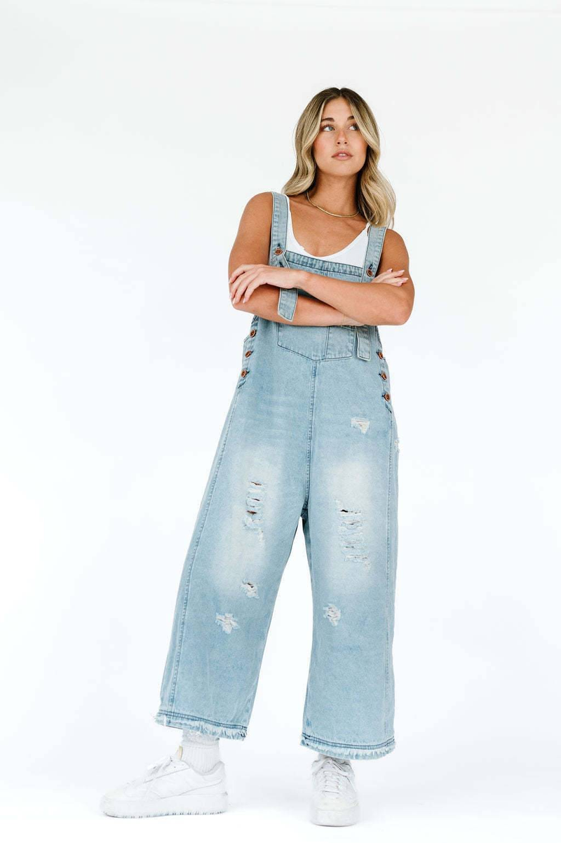 Kadın Giyim Moda Retro Yıpranmış Delikler Bol Geniş Paça Rahat Günlük Askılı Kot Tulum_voghion.com