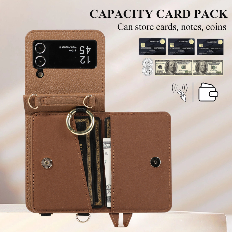 Suitable For Samsung Z Flip5 Folding Crossbody Mobile Phone Case Z Flip4 Card Slot Protective Cover Wrist Strap Bracket Leather Case_voghion.com