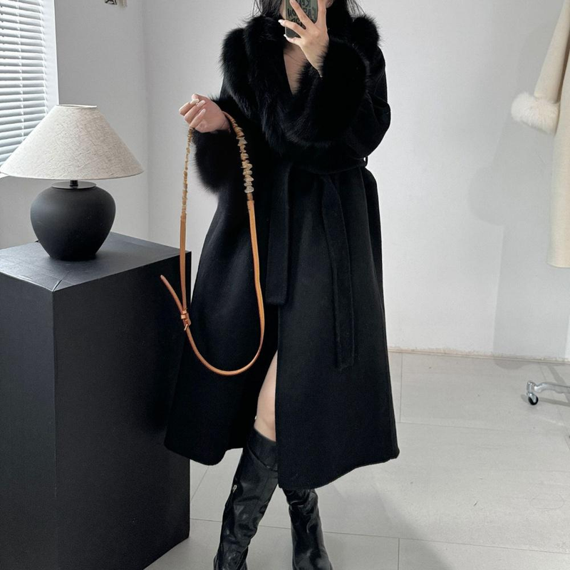 Damenbekleidung Luxuriöser doppelseitiger Wollmantel Langer Trenchcoat mit Gürtel und Fuchspelzbesatz für elegantes Pendeln_voghion.com