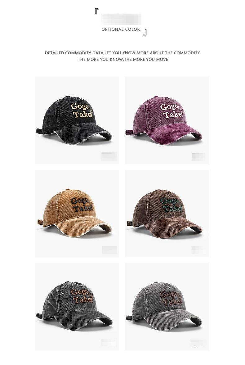 Versione coreana del berretto da baseball unisex retrò con ricamo primaverile e autunnale, in velluto a coste lavato, con lettere, all'ingrosso_voghion.com