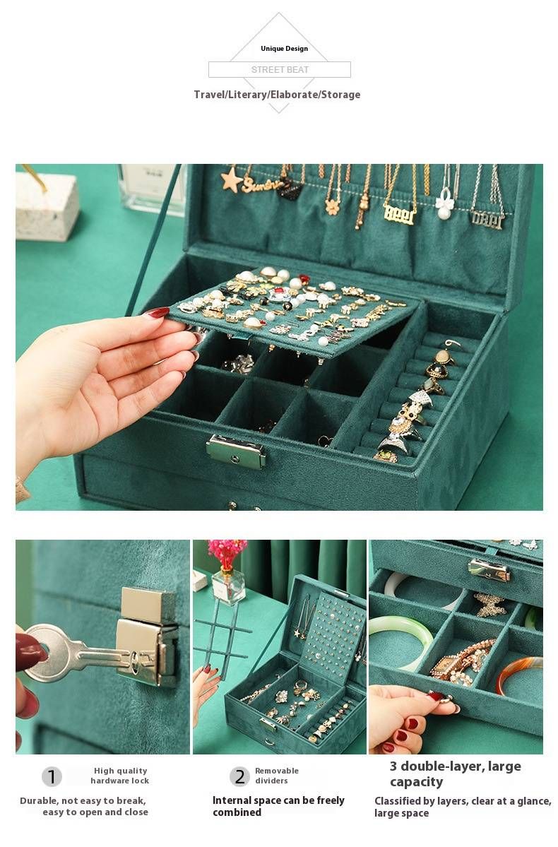 Vintage-Schmuckkästchen aus Samt mit 10 Haken – 3-stufiger Organizer mit großer Kapazität für Ohrringe, Halsketten und Ringe (Dunkelgrün)_voghion.com