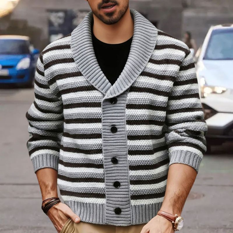 Herren-Cardigan mit Streifen und Kragen – Dick gestrickter, offener Pullover im Vintage-Stil, Grau (M–3XL)_voghion.com