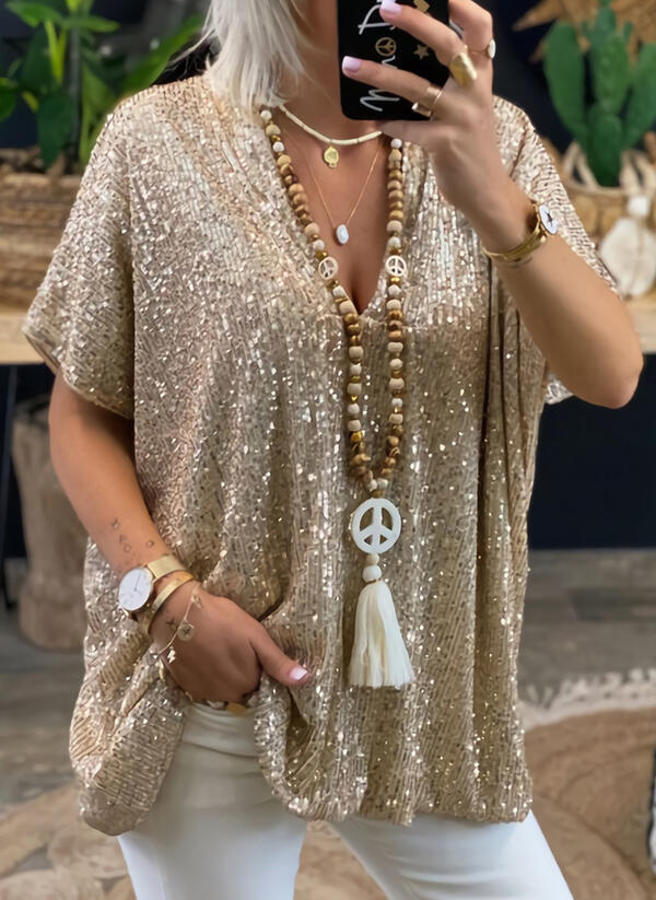 Summer Short Sleeve Urban Casual Solid Color Loose Pullover Sequin T-Shirt for Women_voghion.com