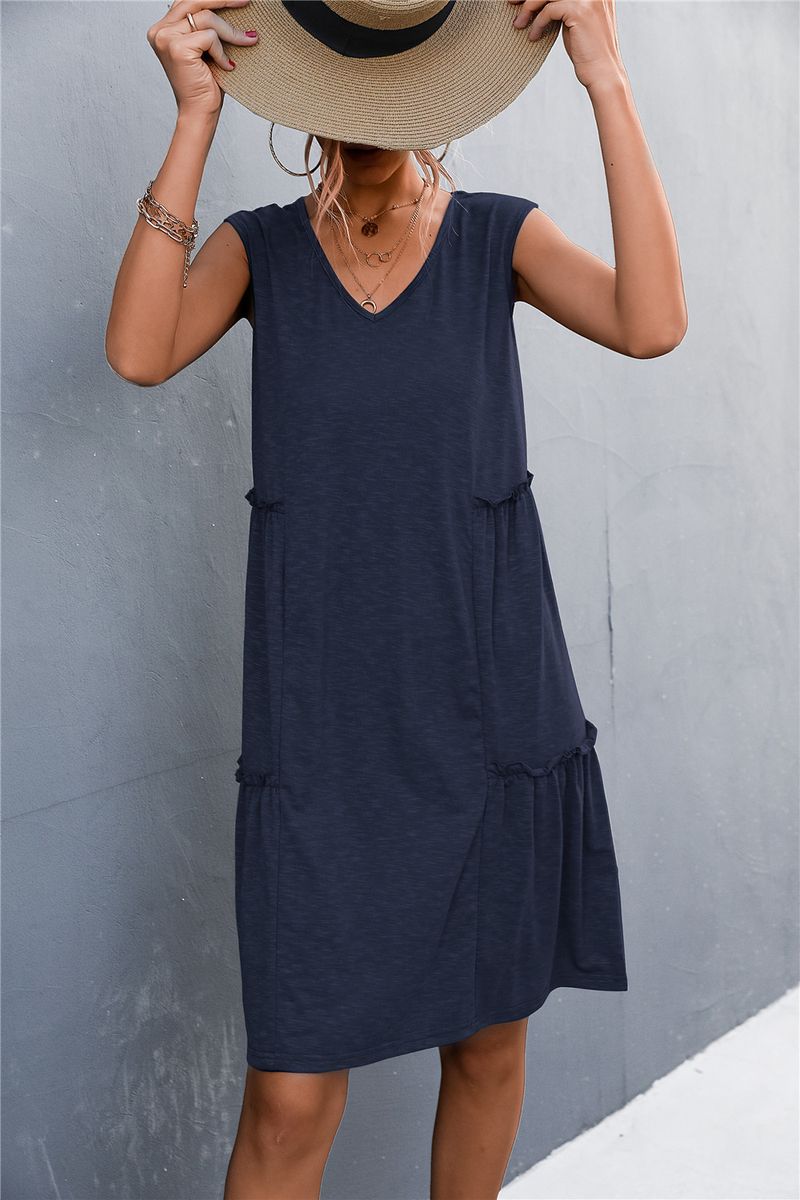 2023 frühjahr/Sommer Neue Solide V-ausschnitt Ärmelloses Tank Top Gestrickte Kleid Kurzen Rock_voghion.com