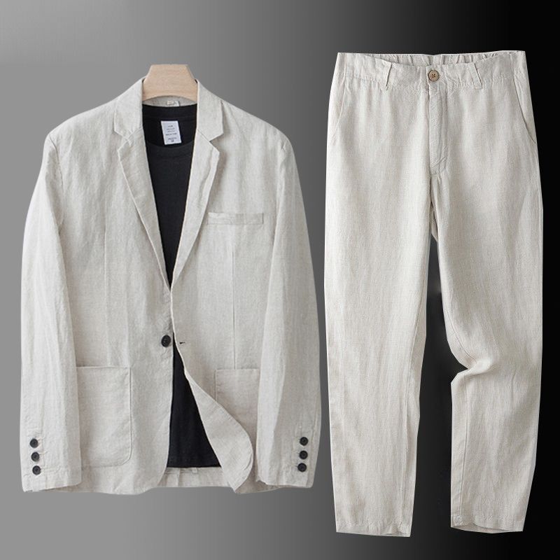 Completo casual da uomo in lino, ampio e sottile, in cotone e lino, due pezzi_voghion.com