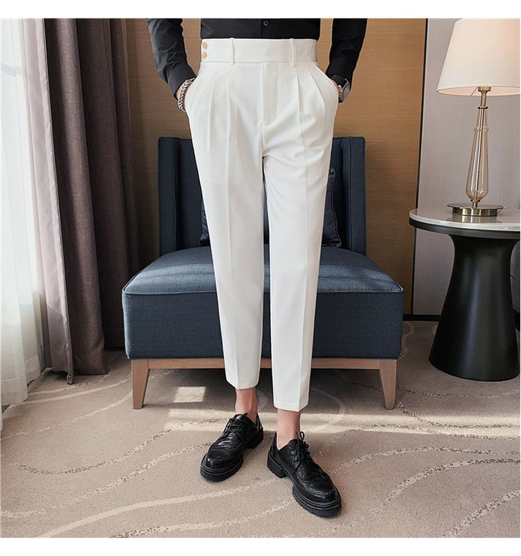 Pantaloni napoletani da uomo nuovi di zecca, in twill strutturato, con vita a pieghe, design casual a nove punte, vita media e alta_voghion.com