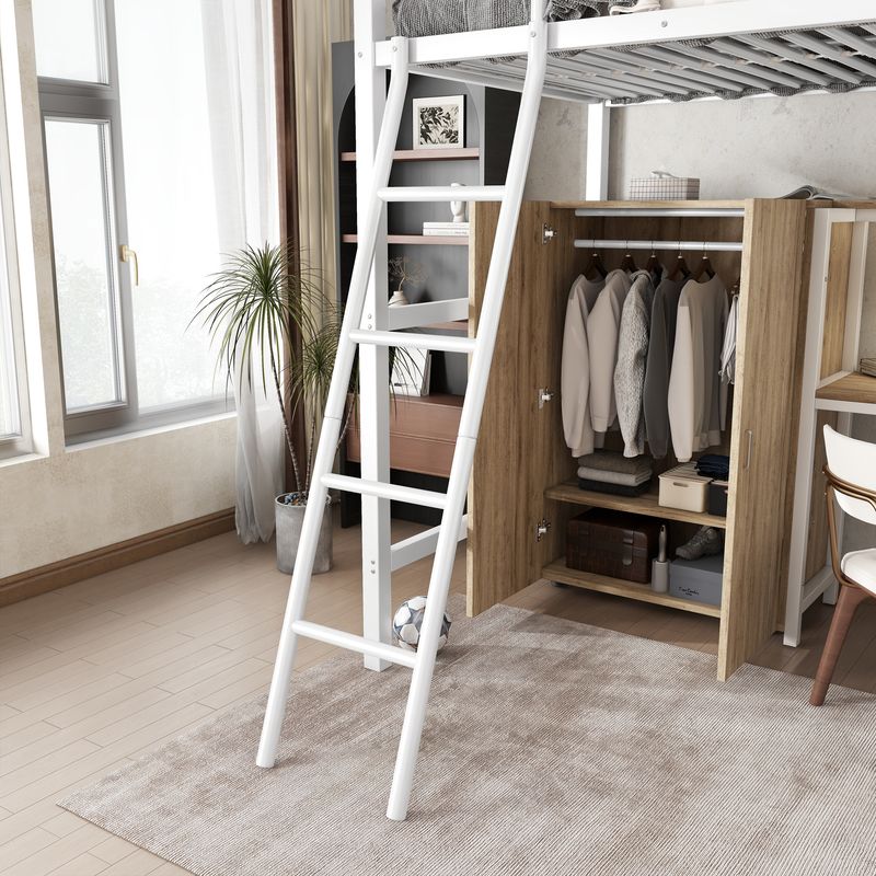 Lit à étages Eisenbett pour enfants et adolescents avec bureau, armoire, étagères de rangement, échelle 4 marches, structure en fer et MDF, finition blanche et naturelle, 90 x 200 cm_voghion.com