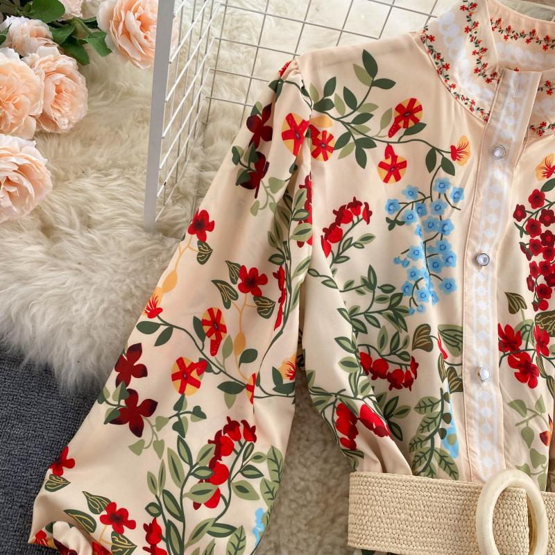 Abito da donna in stile palazzo retrò con cravatta in vita, girocollo, maniche lunghe, volant, gonna a trapezio in stile fata western_voghion.com