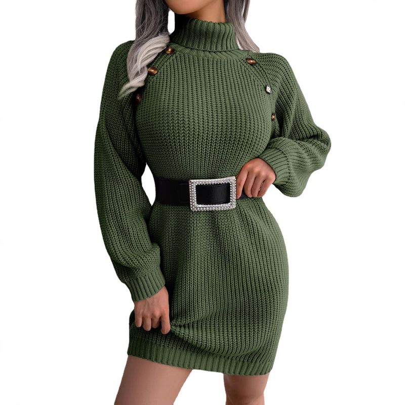 Real Shot, Autumn And Winter, European And American Casual Button-up Turtleneck Long-sleeved Bottoming Sweater Skirt, Women's Clothing_voghion.com