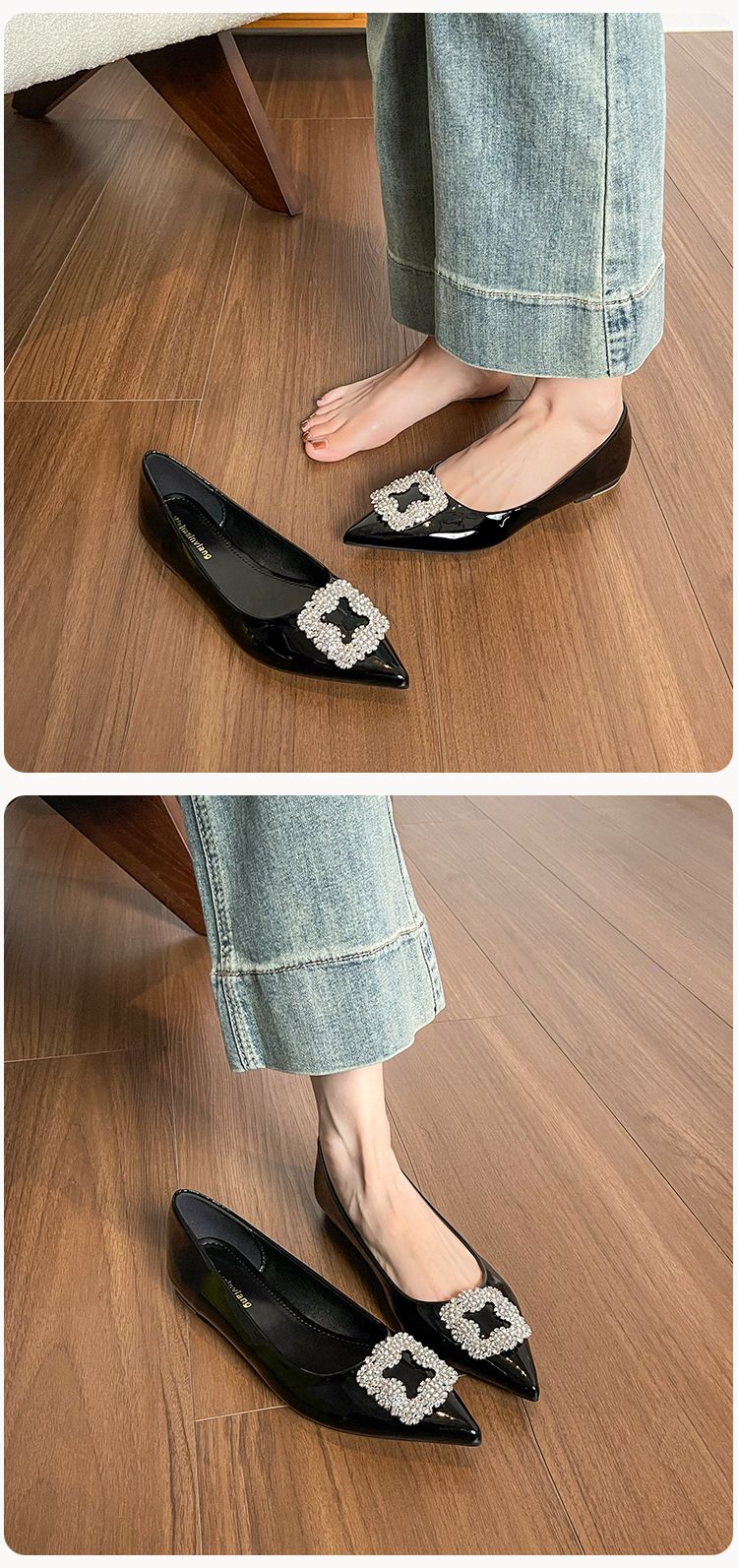 Zapatos franceses sencillos y poco profundos para mujer, zapatos planos de hada con un solo pedal y punta de diamantes de imitación para boda._voghion.com