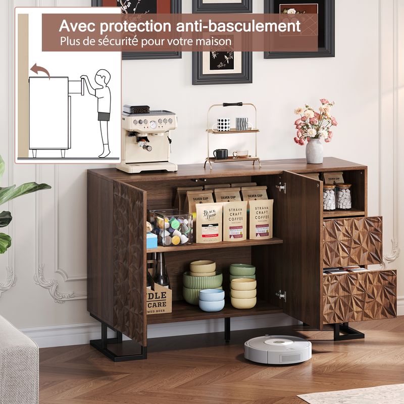 Beistellschrank 120x78,5cm Walnussoptik Mit Blattrelief, 2 Türen & 2 Schubladen_voghion.com